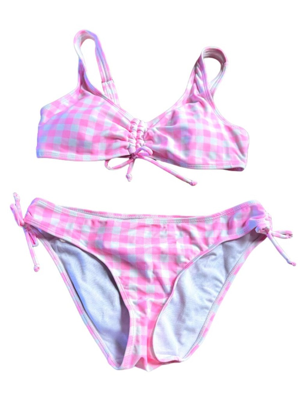 Cabana del Sol Pink White Gingham Check Bikini Ruched 2 Piece Swimsuit NEW Med